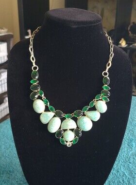 Green Statement Bib Necklace with Faceted Accents